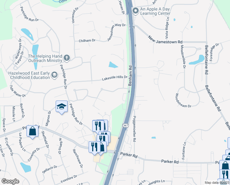 map of restaurants, bars, coffee shops, grocery stores, and more near 6912 Parc Charlene Drive in Florissant