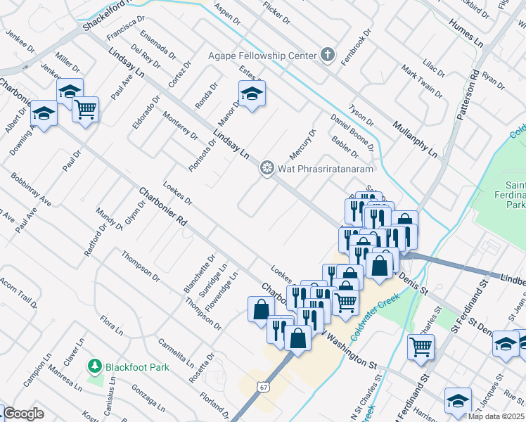 map of restaurants, bars, coffee shops, grocery stores, and more near 100 La Venta Drive in Florissant