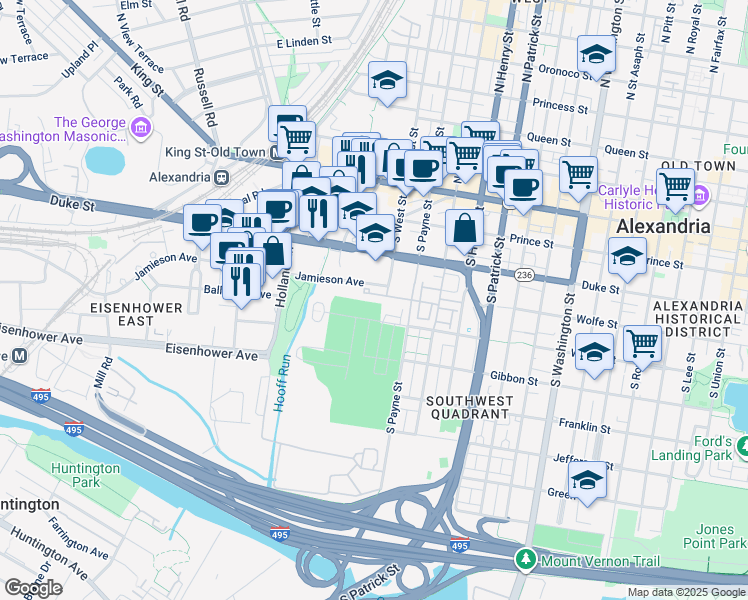 map of restaurants, bars, coffee shops, grocery stores, and more near 1402 Roundhouse Lane in Alexandria