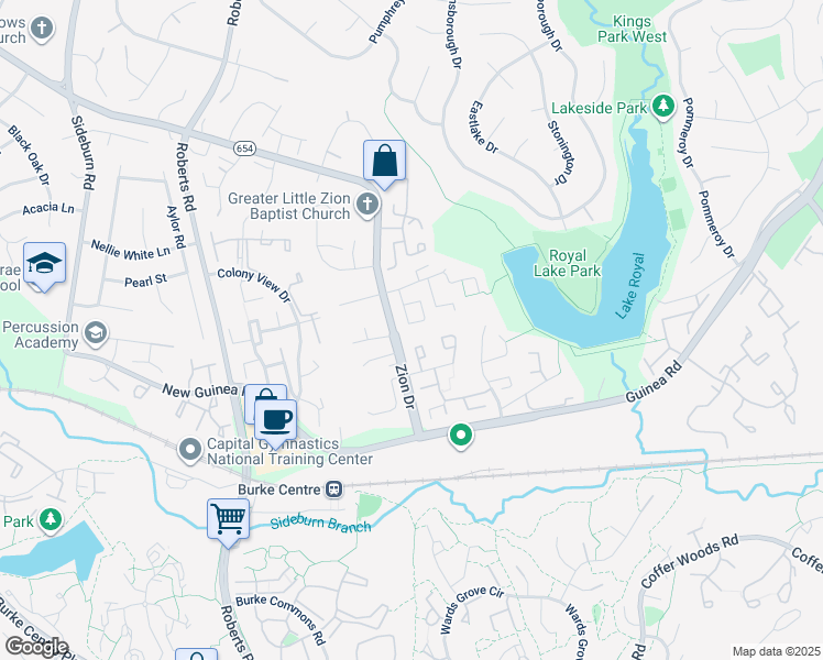 map of restaurants, bars, coffee shops, grocery stores, and more near 5435 Safe Harbor Court in Fairfax