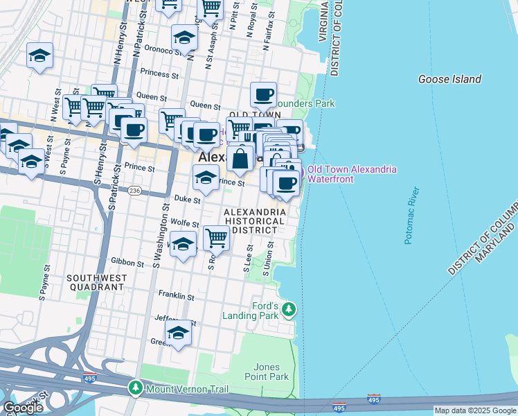 map of restaurants, bars, coffee shops, grocery stores, and more near 123 Duke Street in Alexandria