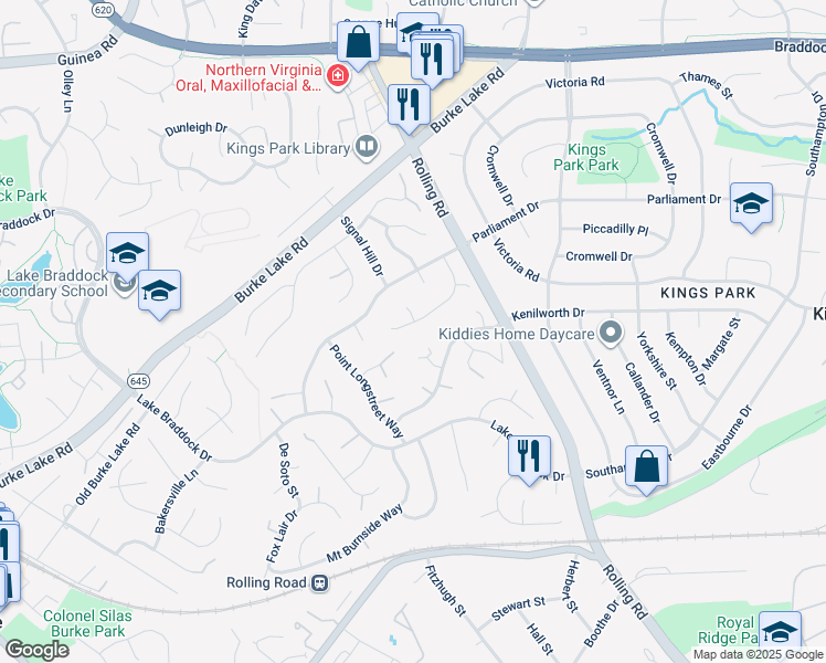 map of restaurants, bars, coffee shops, grocery stores, and more near 5435 Flint Tavern Place in Burke