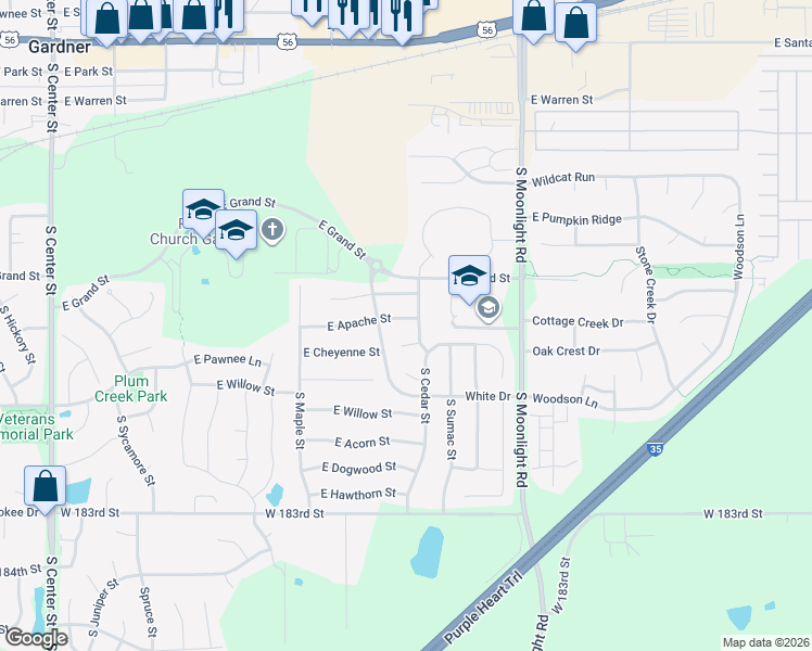 map of restaurants, bars, coffee shops, grocery stores, and more near 643 East Apache Street in Gardner