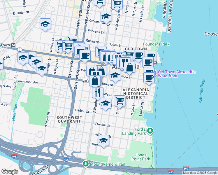 map of restaurants, bars, coffee shops, grocery stores, and more near 304 South Saint Asaph Street in Alexandria