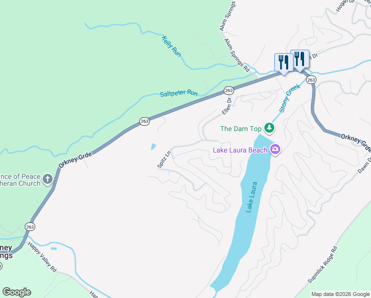 map of restaurants, bars, coffee shops, grocery stores, and more near 452 Spitz Lane in Basye