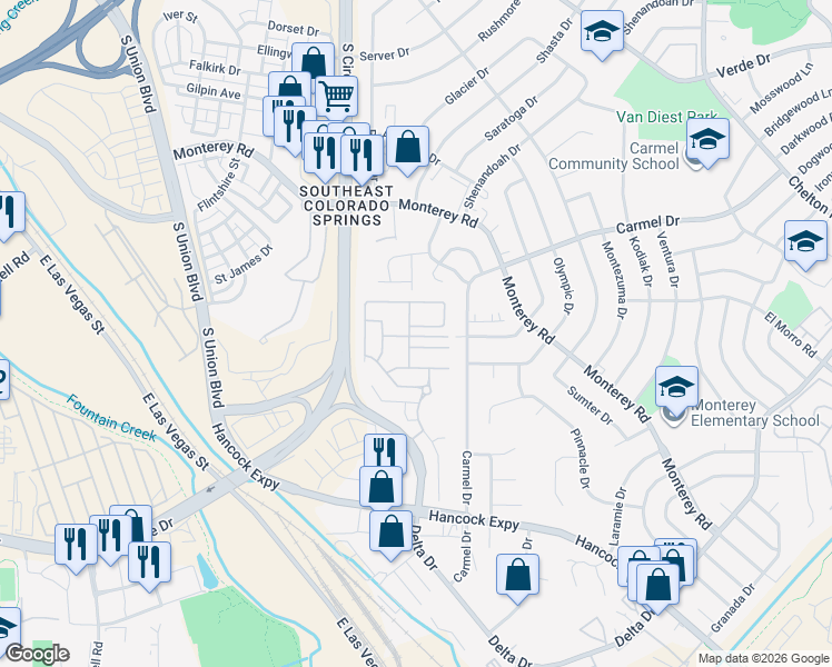 map of restaurants, bars, coffee shops, grocery stores, and more near 2709 Tumblewood Grove in Colorado Springs