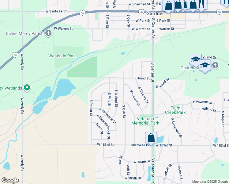 map of restaurants, bars, coffee shops, grocery stores, and more near 568 South Walnut Street in Gardner