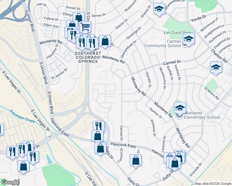 map of restaurants, bars, coffee shops, grocery stores, and more near 2765 Tumblewood Grove in Colorado Springs