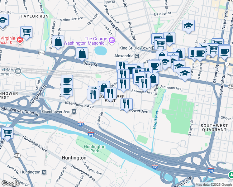 map of restaurants, bars, coffee shops, grocery stores, and more near 29 Elizabeth Lane in Alexandria