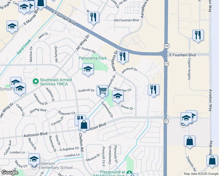 map of restaurants, bars, coffee shops, grocery stores, and more near 2105 Farnsworth Drive in Colorado Springs