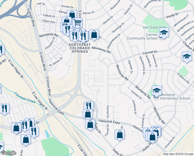 map of restaurants, bars, coffee shops, grocery stores, and more near 2110 Creekridge Point in Colorado Springs