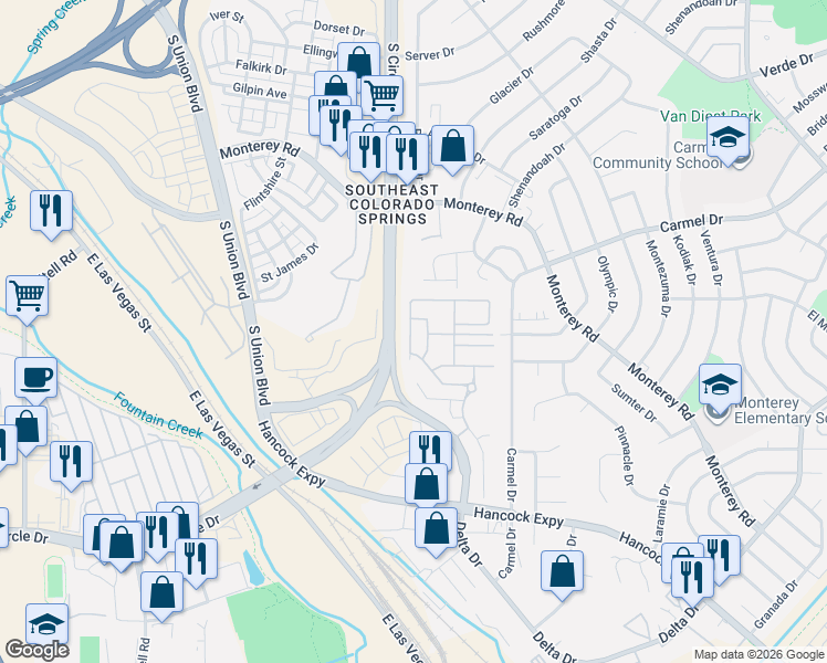 map of restaurants, bars, coffee shops, grocery stores, and more near 2132 Babbling Stream Heights in Colorado Springs
