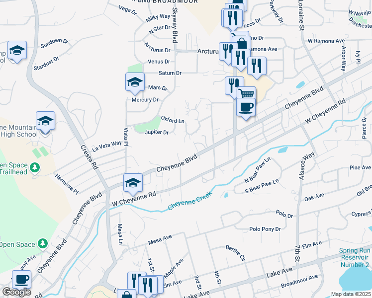 map of restaurants, bars, coffee shops, grocery stores, and more near 934 Cheyenne Boulevard in Colorado Springs