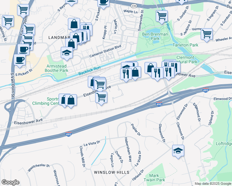 map of restaurants, bars, coffee shops, grocery stores, and more near 4852 Eisenhower Avenue in Alexandria