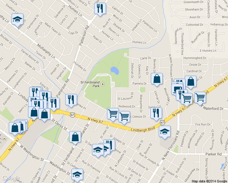 map of restaurants, bars, coffee shops, grocery stores, and more near 1375 Saint Jean Street in Florissant
