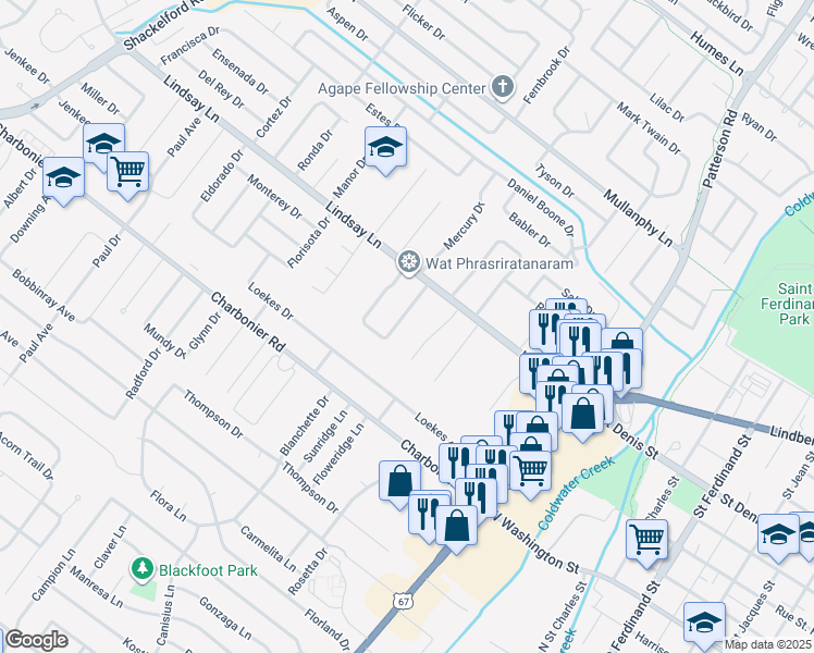 map of restaurants, bars, coffee shops, grocery stores, and more near 100 La Venta Drive in Florissant