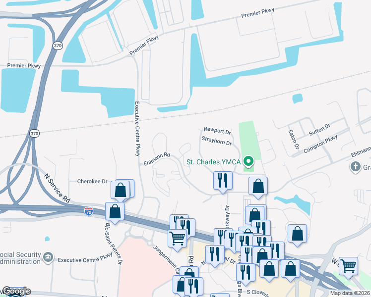 map of restaurants, bars, coffee shops, grocery stores, and more near 419 Newport Drive in St. Peters