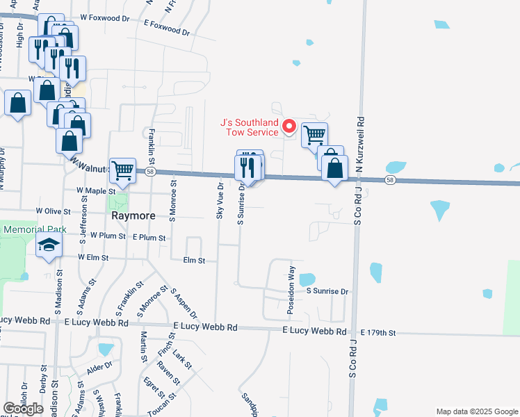 map of restaurants, bars, coffee shops, grocery stores, and more near 303 South Sunrise Drive in Raymore