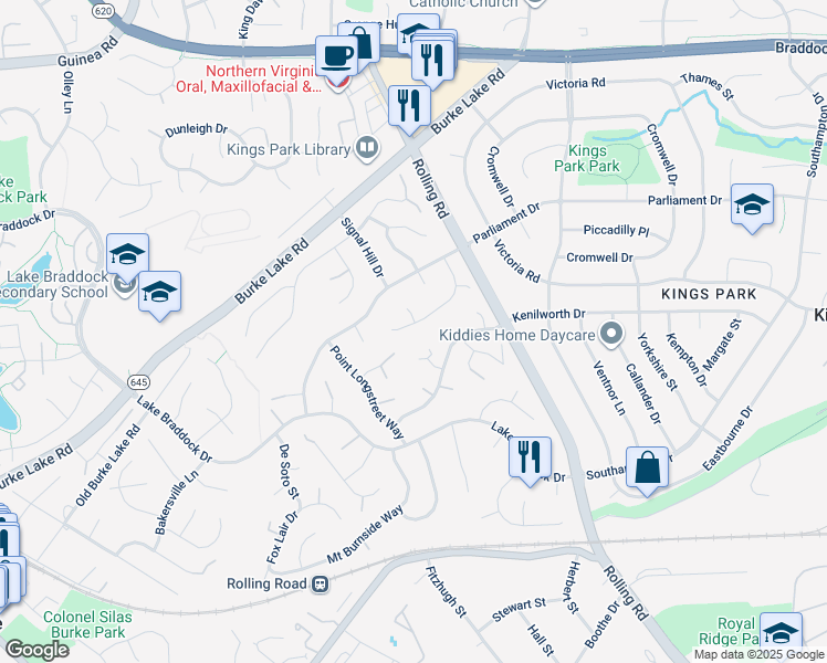 map of restaurants, bars, coffee shops, grocery stores, and more near 5435 Flint Tavern Place in Burke