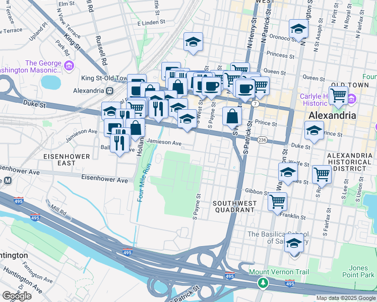 map of restaurants, bars, coffee shops, grocery stores, and more near 1402 Roundhouse Lane in Alexandria
