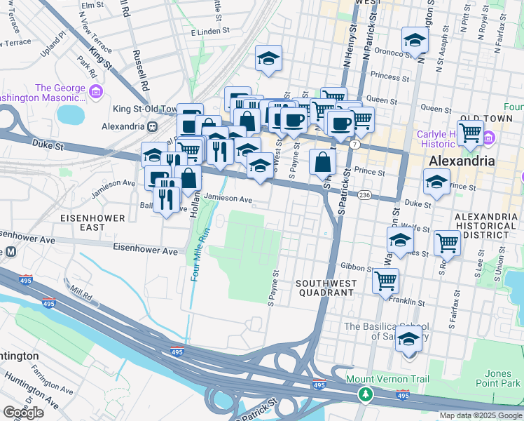 map of restaurants, bars, coffee shops, grocery stores, and more near 1424 Roundhouse Lane in Alexandria