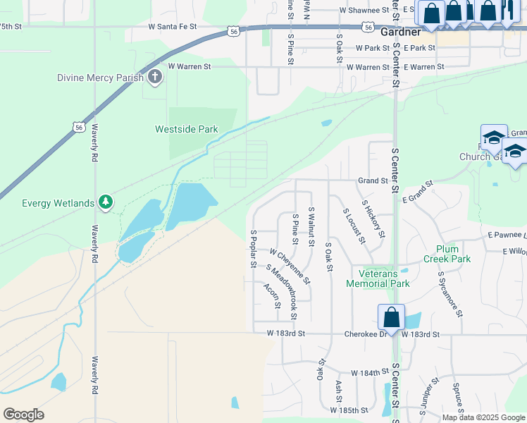 map of restaurants, bars, coffee shops, grocery stores, and more near 543 South Poplar Street in Gardner