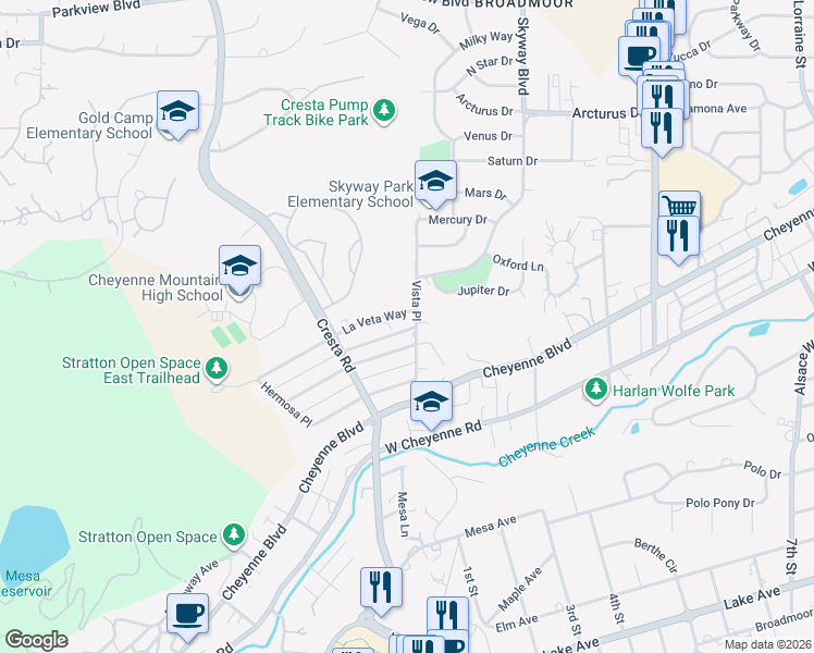 map of restaurants, bars, coffee shops, grocery stores, and more near 1521 Vista Place in Colorado Springs