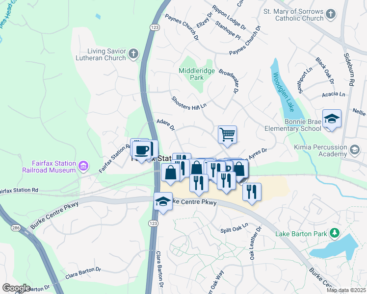 map of restaurants, bars, coffee shops, grocery stores, and more near 10930 Adare Drive in Fairfax