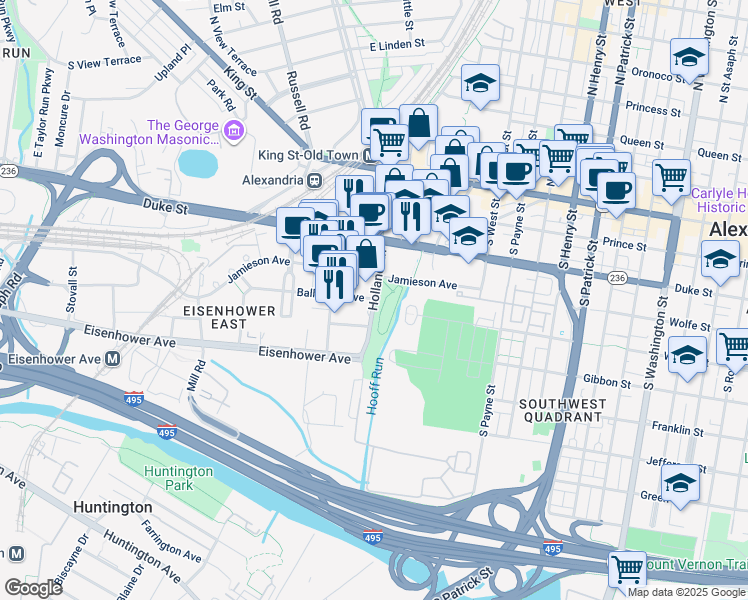 map of restaurants, bars, coffee shops, grocery stores, and more near 502 Holland Lane in Alexandria