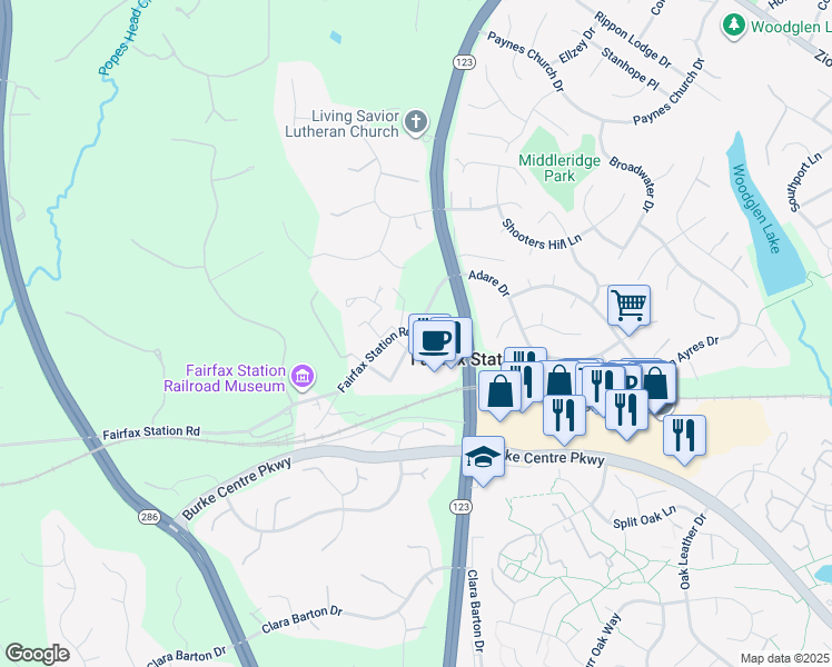 map of restaurants, bars, coffee shops, grocery stores, and more near 5605 Vogue Road in Fairfax Station