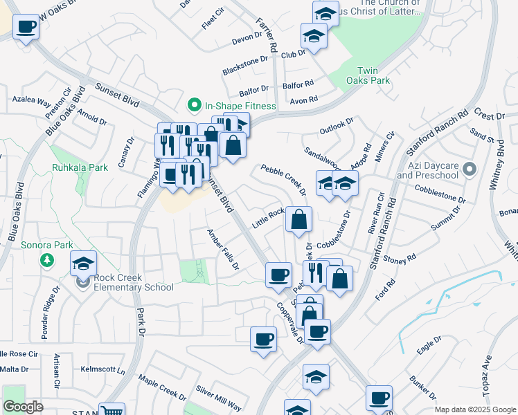 map of restaurants, bars, coffee shops, grocery stores, and more near 1905 Hendry Circle in Rocklin