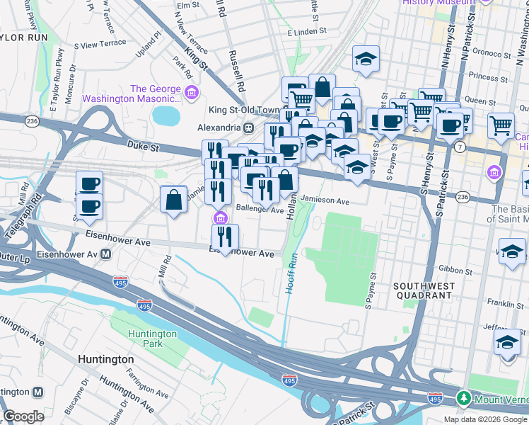 map of restaurants, bars, coffee shops, grocery stores, and more near 520 John Carlyle Street in Alexandria