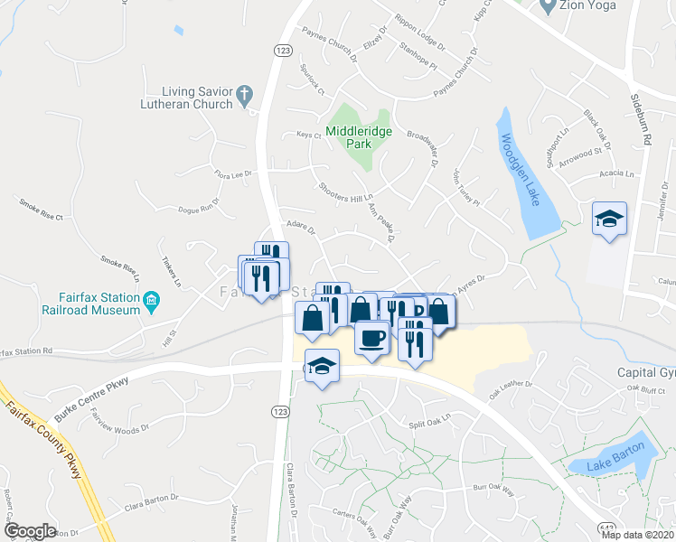 map of restaurants, bars, coffee shops, grocery stores, and more near 10930 Adare Drive in Fairfax