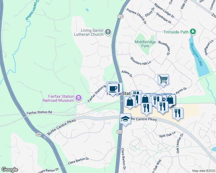 map of restaurants, bars, coffee shops, grocery stores, and more near 5605 Vogue Road in Fairfax Station