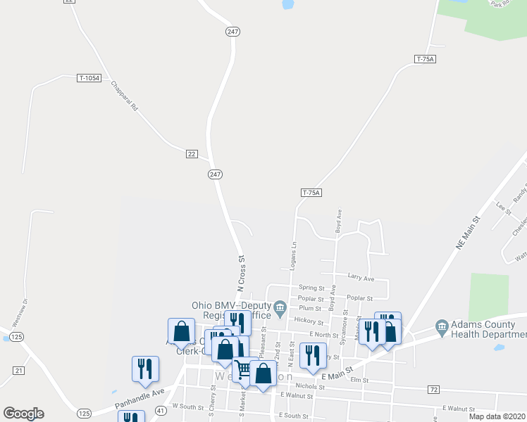 map of restaurants, bars, coffee shops, grocery stores, and more near 10501 Ohio 247 in West Union