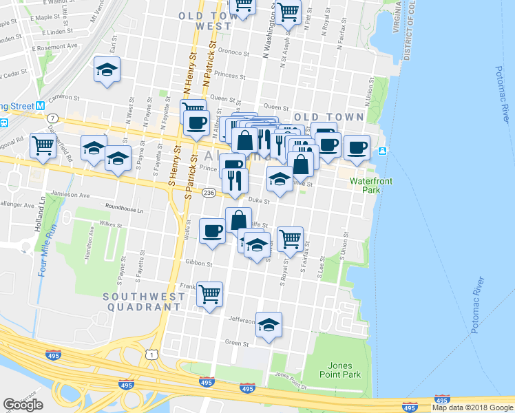map of restaurants, bars, coffee shops, grocery stores, and more near 305 S St Asaph St in Alexandria