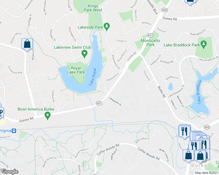 map of restaurants, bars, coffee shops, grocery stores, and more near 9839 Lakepointe Drive in Burke