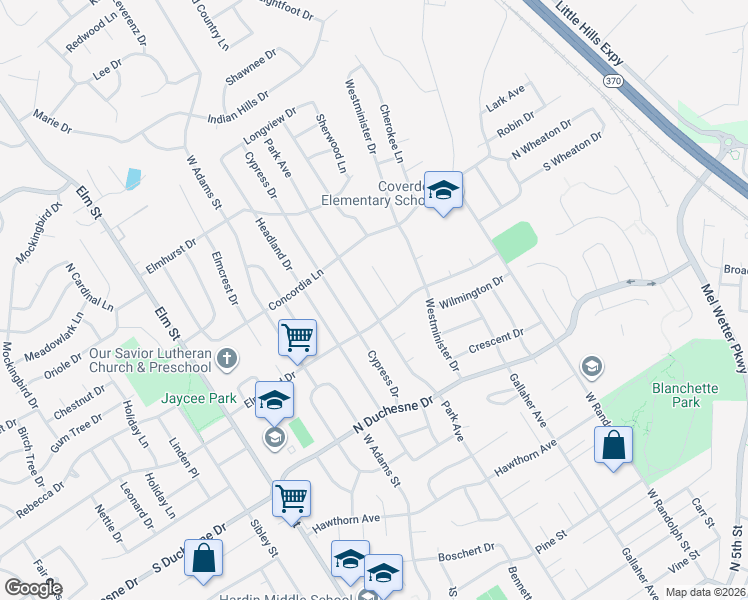 map of restaurants, bars, coffee shops, grocery stores, and more near 2605 Park Avenue in Saint Charles