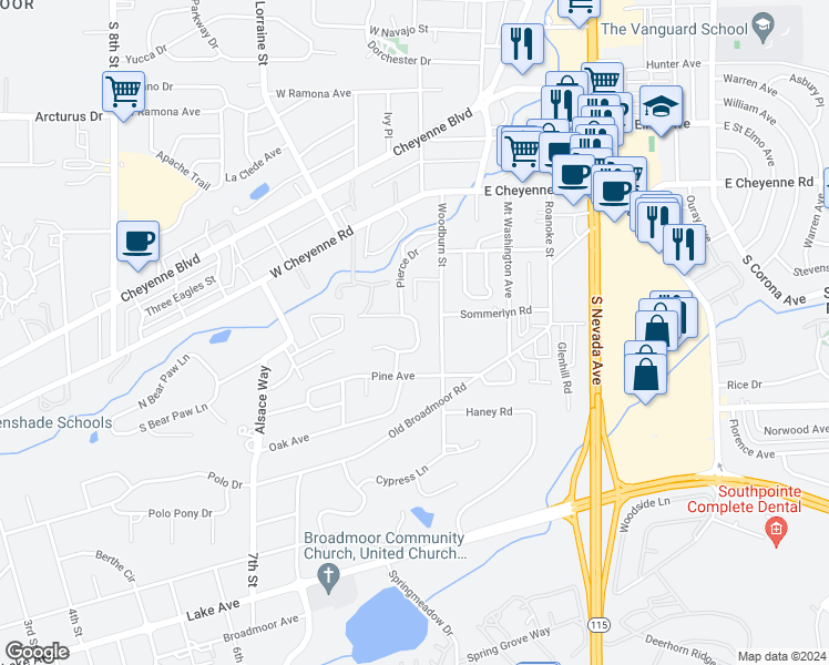 map of restaurants, bars, coffee shops, grocery stores, and more near 38 Newport Circle in Colorado Springs