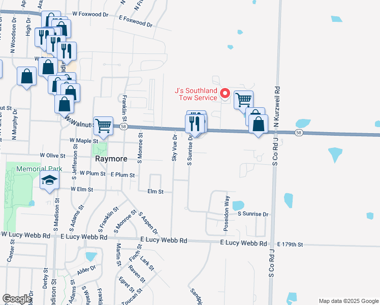 map of restaurants, bars, coffee shops, grocery stores, and more near Dawn Street in Raymore