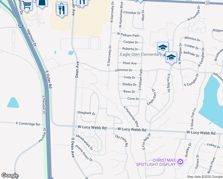 map of restaurants, bars, coffee shops, grocery stores, and more near 240 South Huntsman Boulevard in Raymore