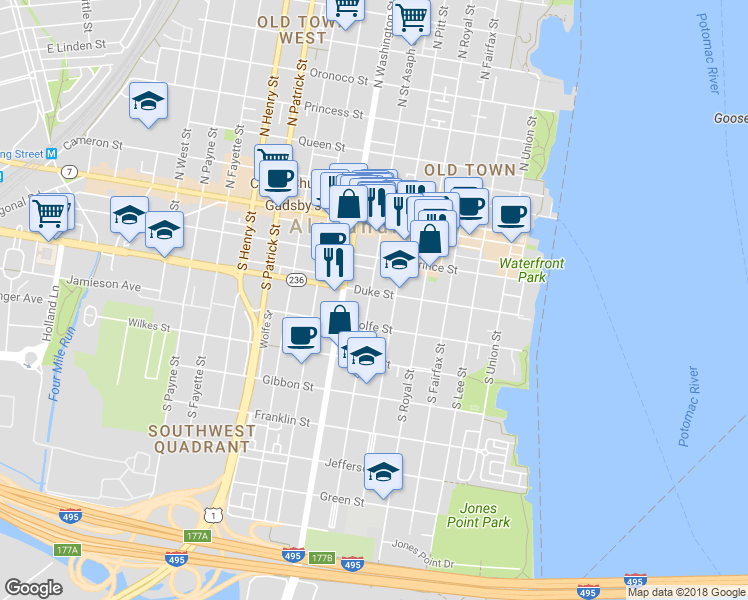 map of restaurants, bars, coffee shops, grocery stores, and more near 300 South Saint Asaph Street in Alexandria