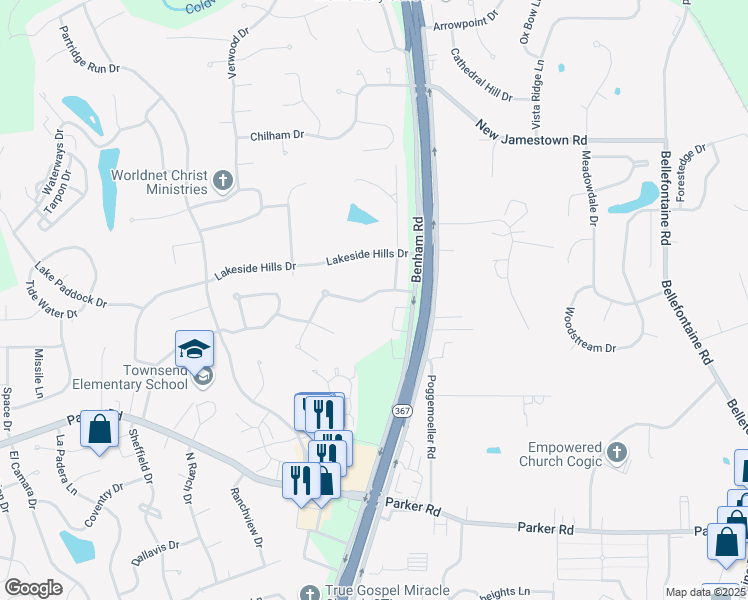 map of restaurants, bars, coffee shops, grocery stores, and more near 6922 Parc Charlene Drive in Florissant