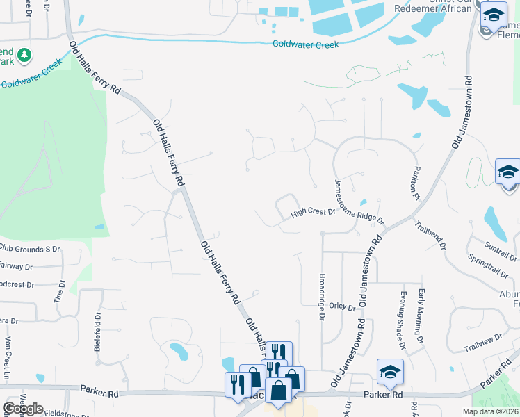 map of restaurants, bars, coffee shops, grocery stores, and more near 12815 High Crest Drive in Florissant