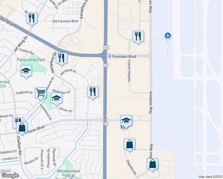 map of restaurants, bars, coffee shops, grocery stores, and more near South Powers Boulevard in Colorado Springs