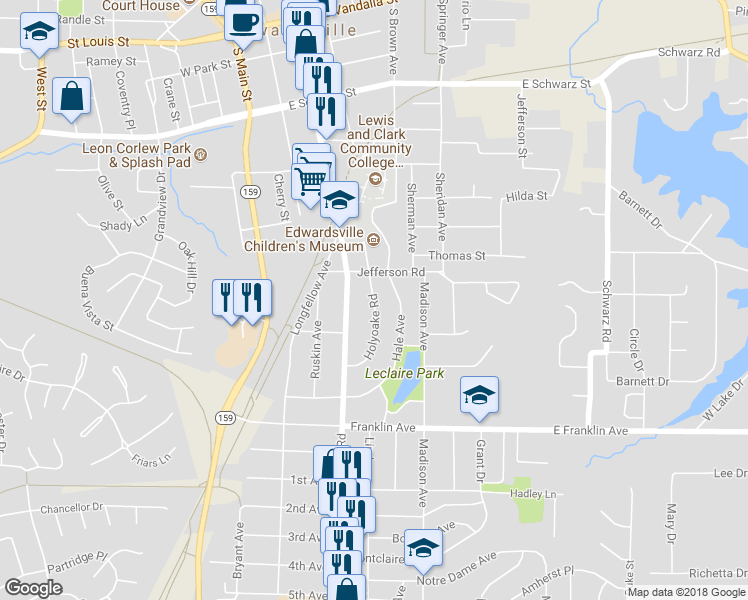 map of restaurants, bars, coffee shops, grocery stores, and more near 837 Holyoake Road in Edwardsville