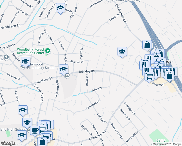 map of restaurants, bars, coffee shops, grocery stores, and more near 5101 Brinkley Road in Temple Hills