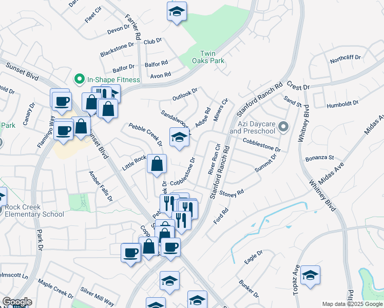 map of restaurants, bars, coffee shops, grocery stores, and more near 5740 Cobblestone Drive in Rocklin