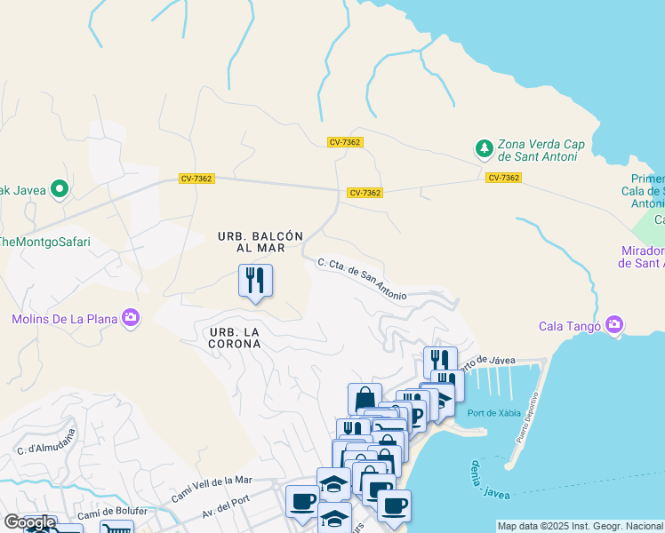 map of restaurants, bars, coffee shops, grocery stores, and more near 105 Calle Cuesta de San Antonio in Jávea