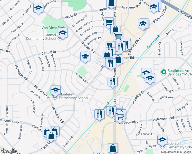 map of restaurants, bars, coffee shops, grocery stores, and more near 2137 Delta Drive in Colorado Springs